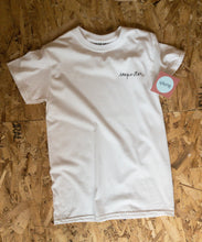 Load image into Gallery viewer, white cotton t-shirt with script &quot;imposter&quot; on lapel
