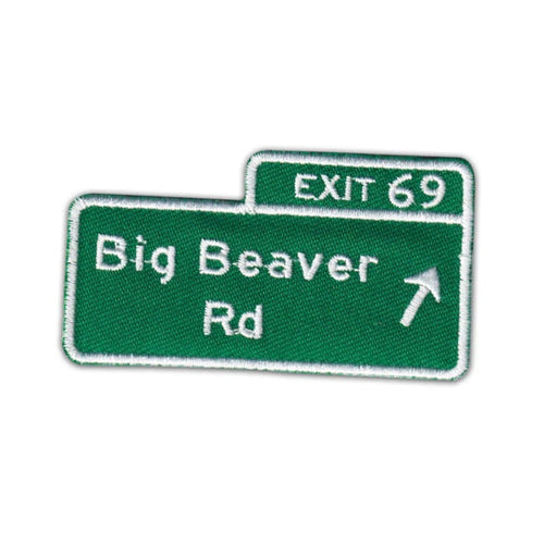 Green road sign patch with 'EXIT 69 Big Beaver Rd' text on a white background