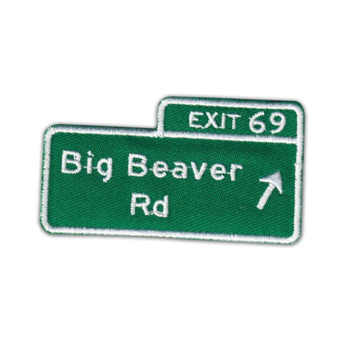 Green road sign patch with 'EXIT 69 Big Beaver Rd' text on a white background