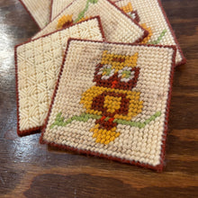 Load image into Gallery viewer, Vintage Cross-Stitch Owl Coaster Holder/Coasters x8
