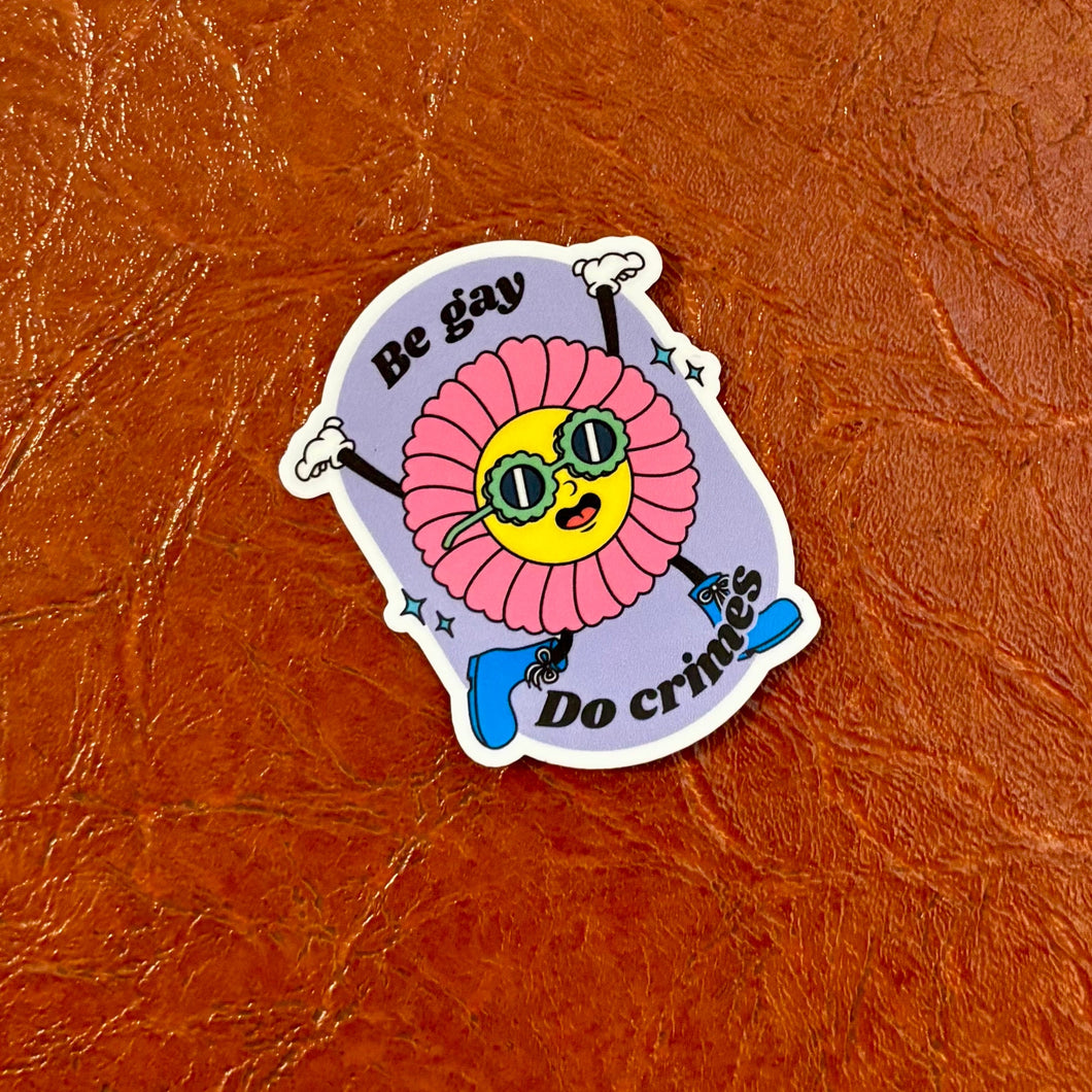 Sticker with a colorful design on a brown leather surface