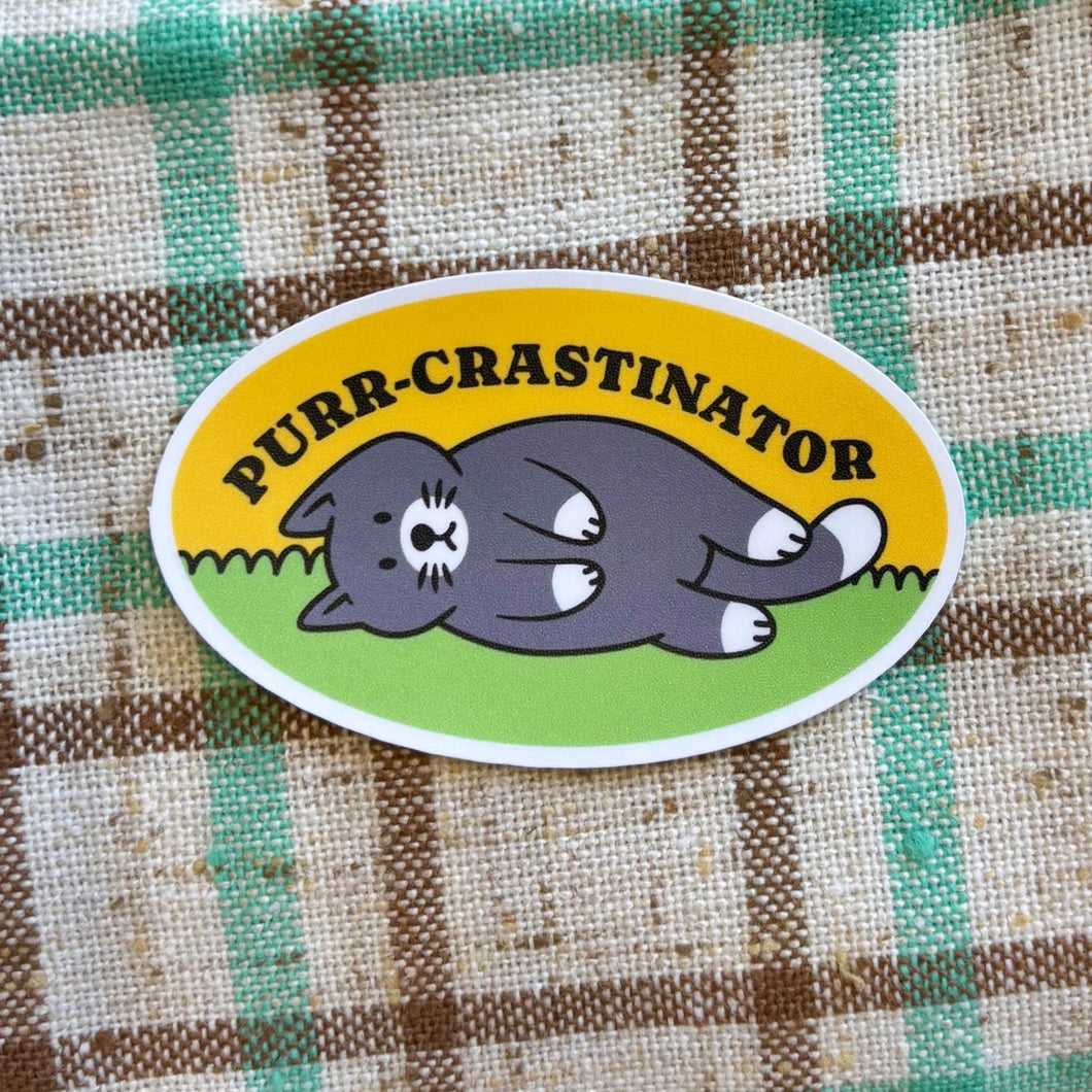Plaid fabric with a 'Purr-Crastinator' sticker on a checkered background
